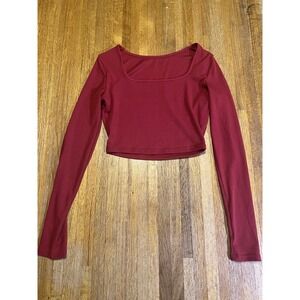 Women XS Red Maroon Ribbed Square Neck Long Sleeve Cropped Slim Fit Blouse‎